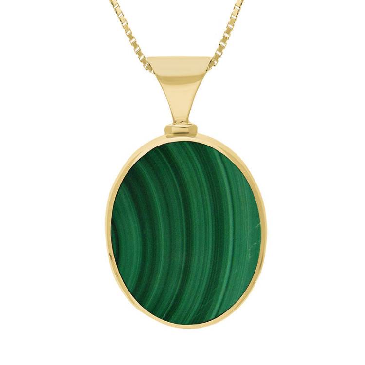 9ct Yellow Gold Whitby Jet Malachite King's Coronation Hallmark Double Sided Oval Necklace