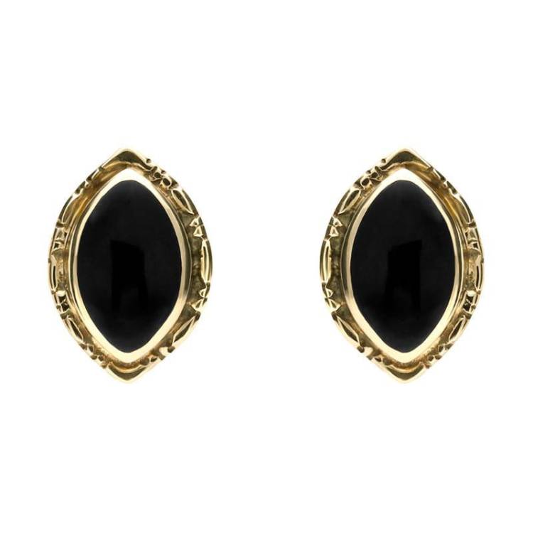 9ct Yellow Gold Whitby Jet Marquise Beaded Edge Stud Earrings - Yellow Gold