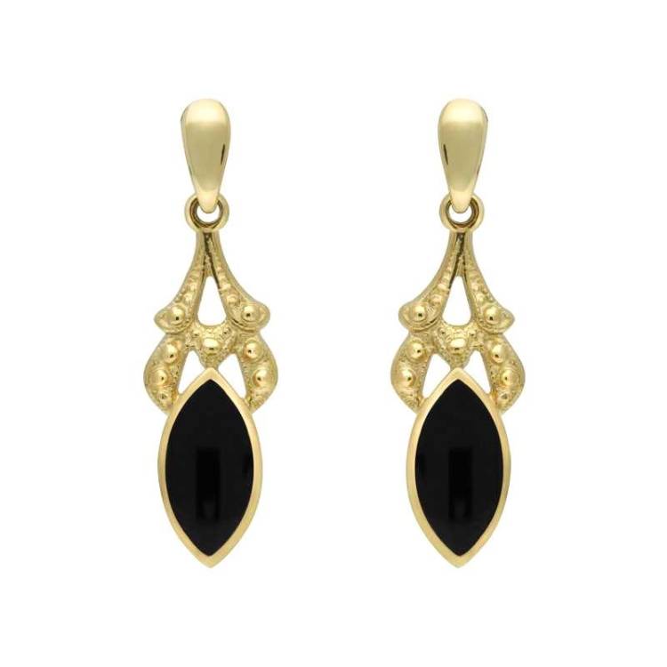 9ct Yellow Gold Whitby Jet Marquise Drop Earrings - Yellow Gold