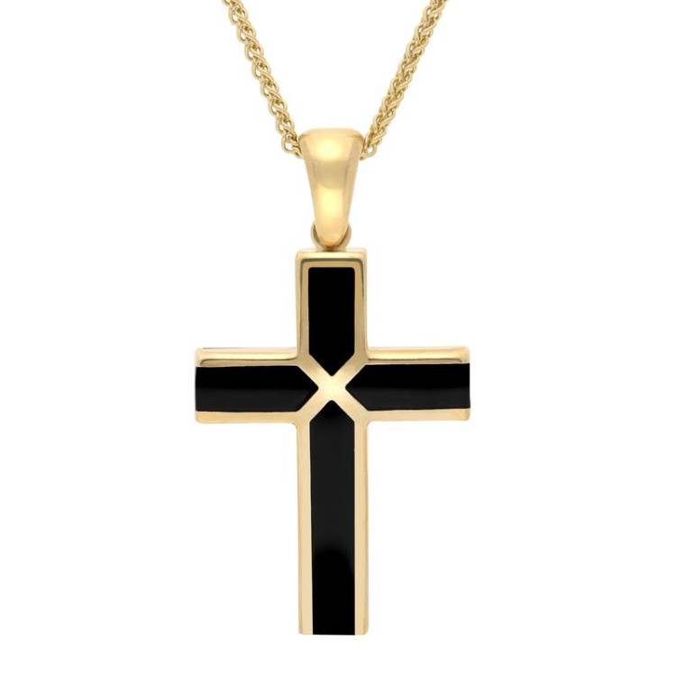 9ct Yellow Gold Whitby Jet Medium Four Stone Cross Necklace - Option1 Value Yellow Gold