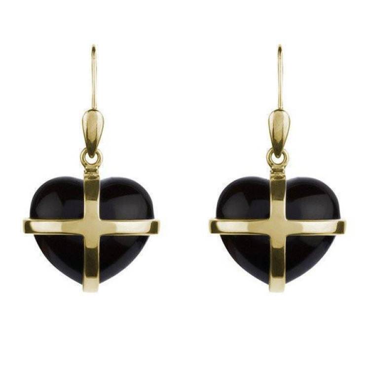 9ct Yellow Gold Whitby Jet Medium Cross Heart Drop Earrings - Yellow Gold