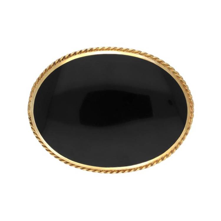 9ct Yellow Gold Whitby Jet Medium Oval Rope Edge Brooch - Yellow Gold