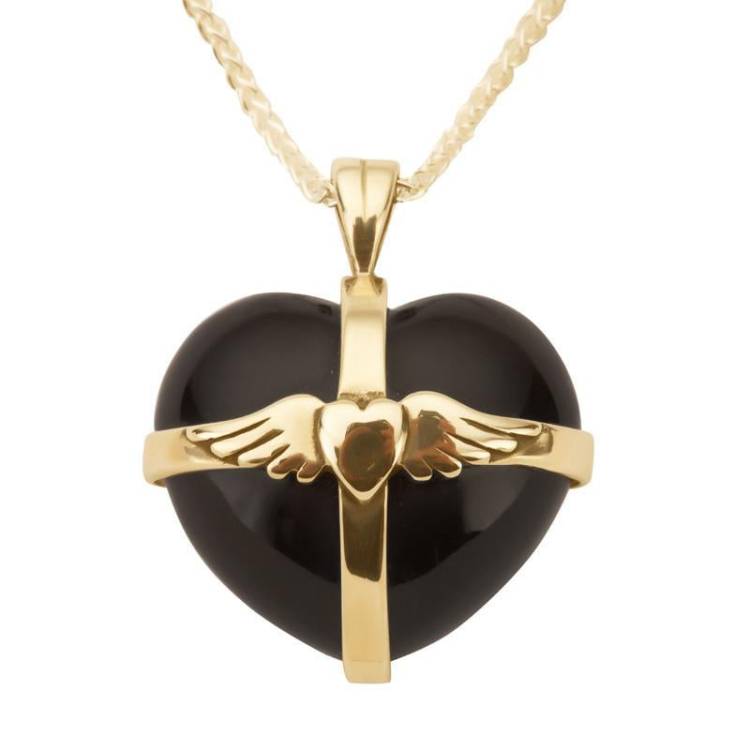 9ct Yellow Gold Whitby Jet Medium Winged Cross Heart Necklace - Yellow Gold