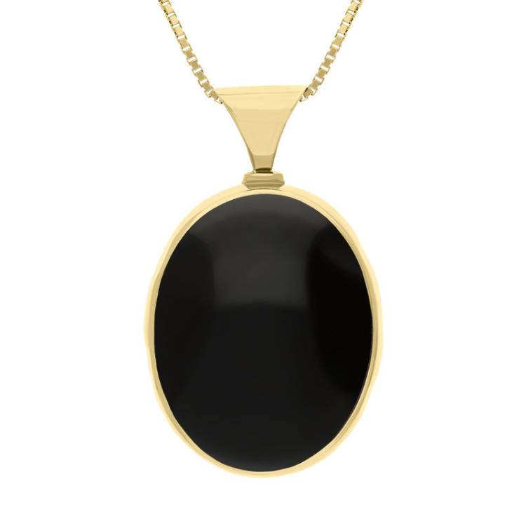 9ct Yellow Gold Whitby Jet Mother of Pearl King's Coronation Hallmark Double Sided Oval Necklace