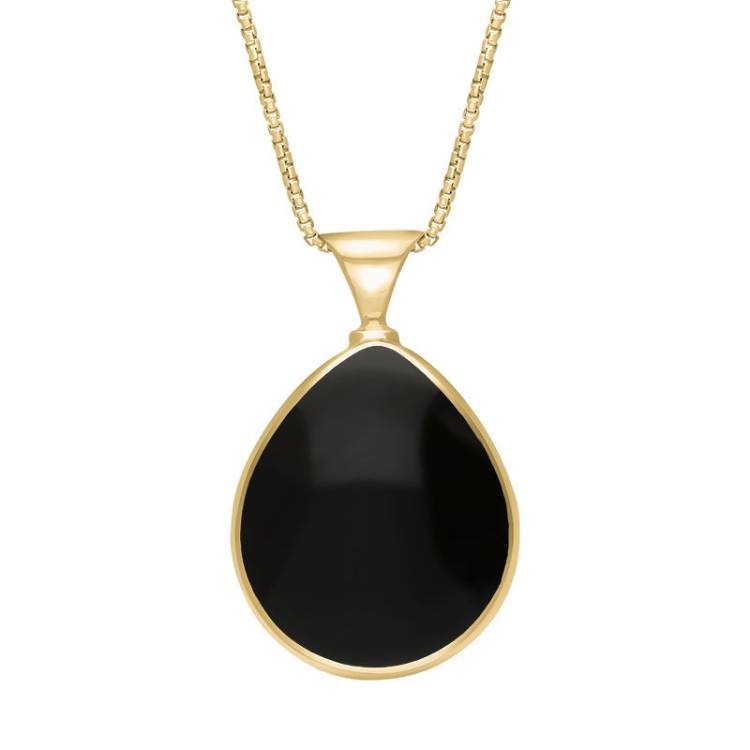 9ct Yellow Gold Whitby Jet Mother of Pearl King's Coronation Hallmark Double Sided Pear-shaped Necklace