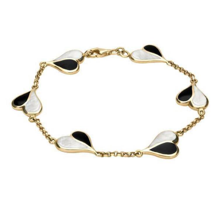 9ct Yellow Gold Whitby Jet and Mother of Pearl Split Heart Bracelet - Yellow Gold