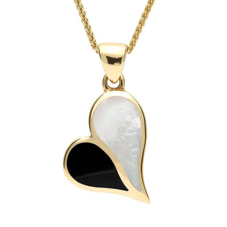 9ct Yellow Gold Whitby Jet Mother Of Pearl Split Heart Necklace - Yellow Gold