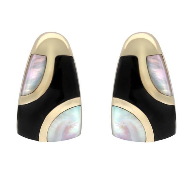 9ct Yellow Gold Whitby Jet Mother of Pearl Three Stone Stud Earrings - Option1 Value Yellow Gold