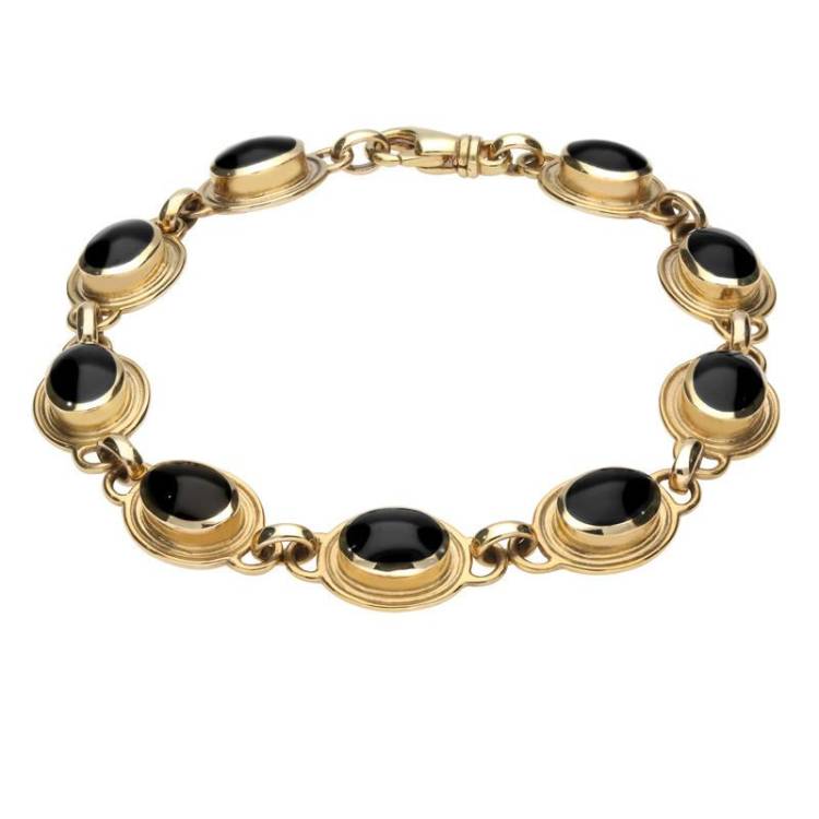 9ct Yellow Gold Whitby Jet Nine Stone Oval Bracelet - Yellow Gold