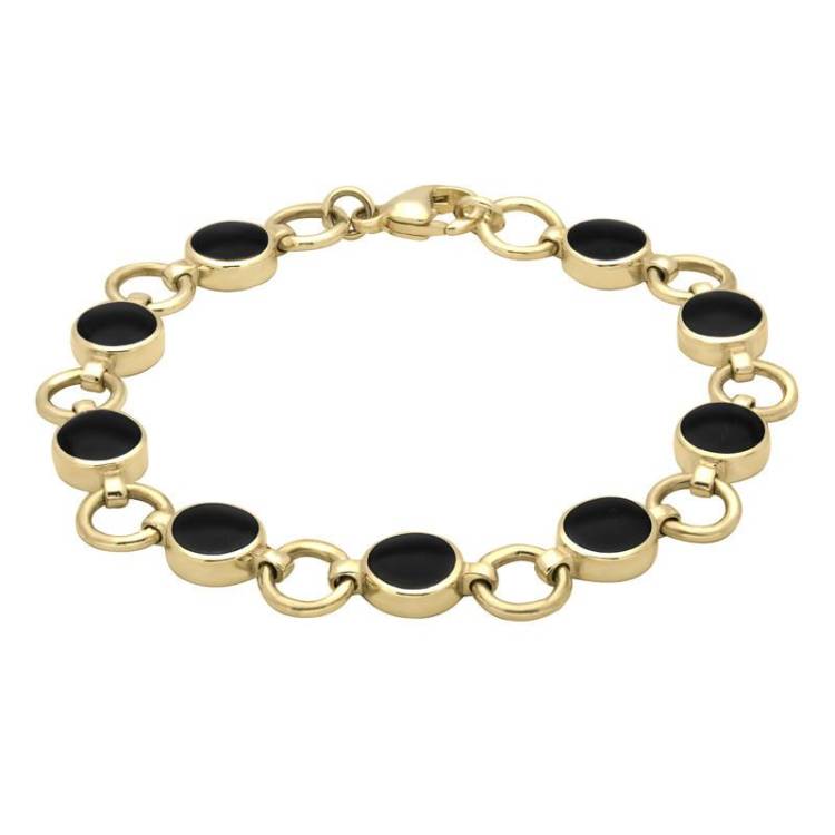 9ct Yellow Gold Whitby Jet Nine Stone Round Ring Bracelet - Yellow Gold