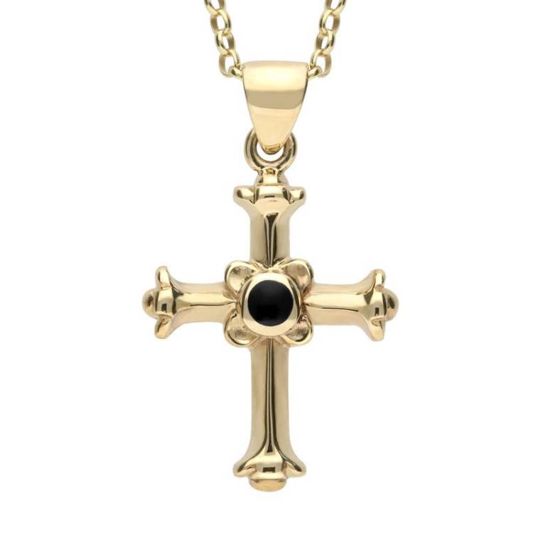 9ct Yellow Gold Whitby Jet Norwich Cathedral Cross Necklace - Yellow Gold