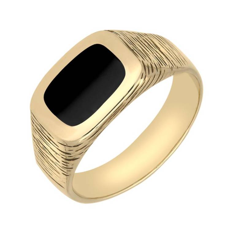 9ct Yellow Gold Whitby Jet Oblong Bark Effect Signet Ring - Yellow Gold