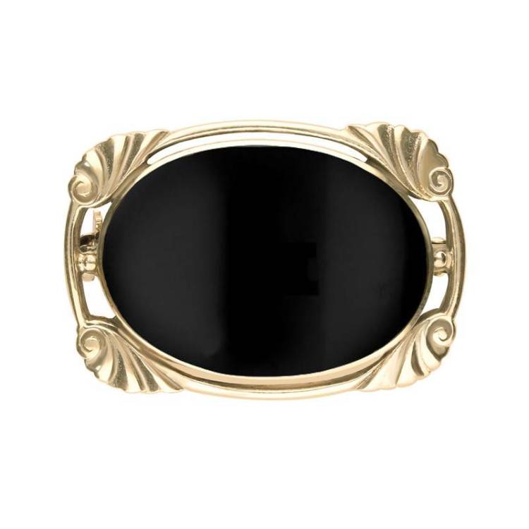 9ct Yellow Gold Whitby Jet Oblong Oval Shaped Brooch - Yellow Gold