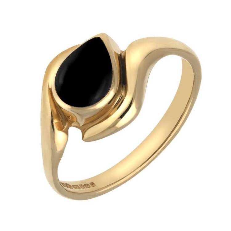 9ct Yellow Gold Whitby Jet Offset Pear Ring - Yellow Gold