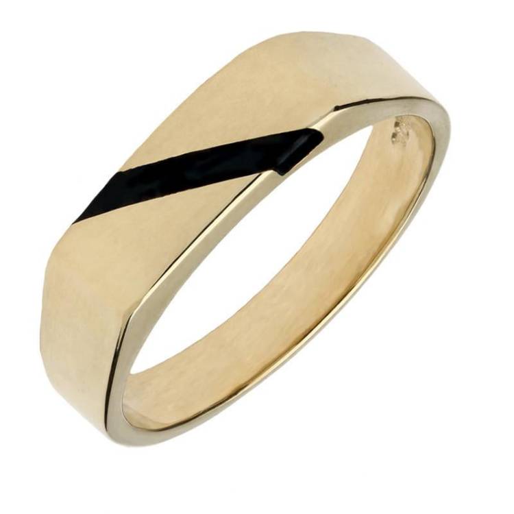 9ct Yellow Gold Whitby Jet One Stone Slither Signet Ring - Yellow Gold