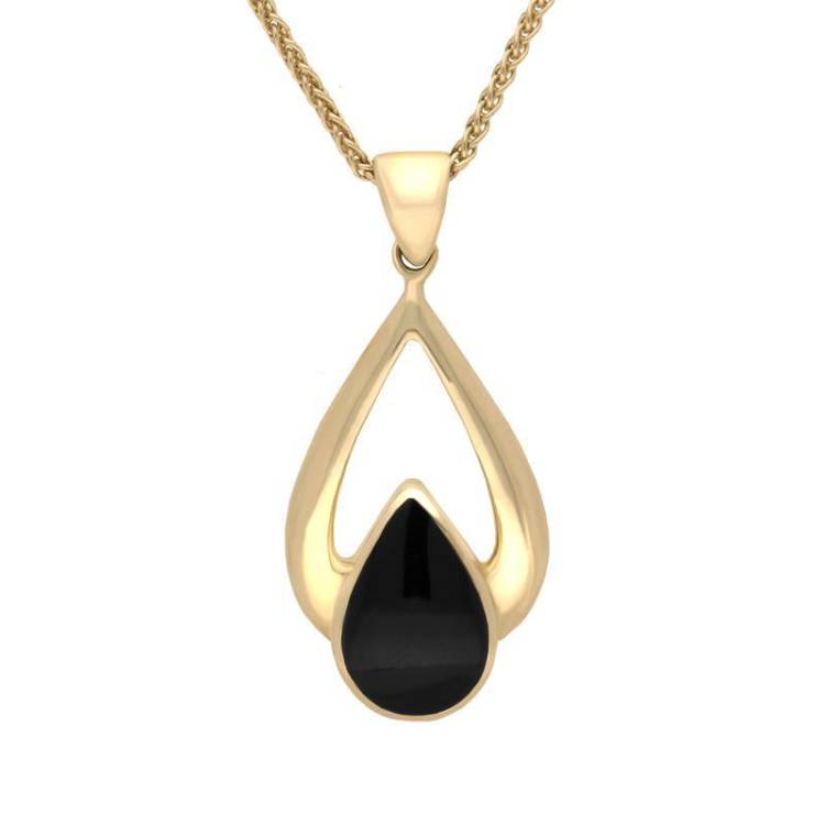 9ct Yellow Gold Whitby Jet Open Framed Pear Drop Necklace - Yellow Gold