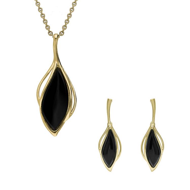 9ct Yellow Gold Whitby Jet Open Marquise Two Piece Set - Yellow Gold