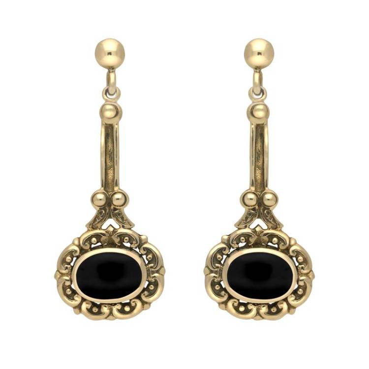 9ct Yellow Gold Whitby Jet Ornate Antique Oval Drop Earrings