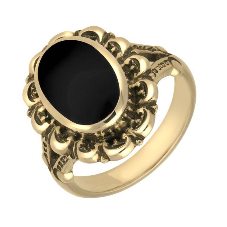 9ct Yellow Gold Whitby Jet Oval Antique Frame Ring - Option1 Value Yellow Gold