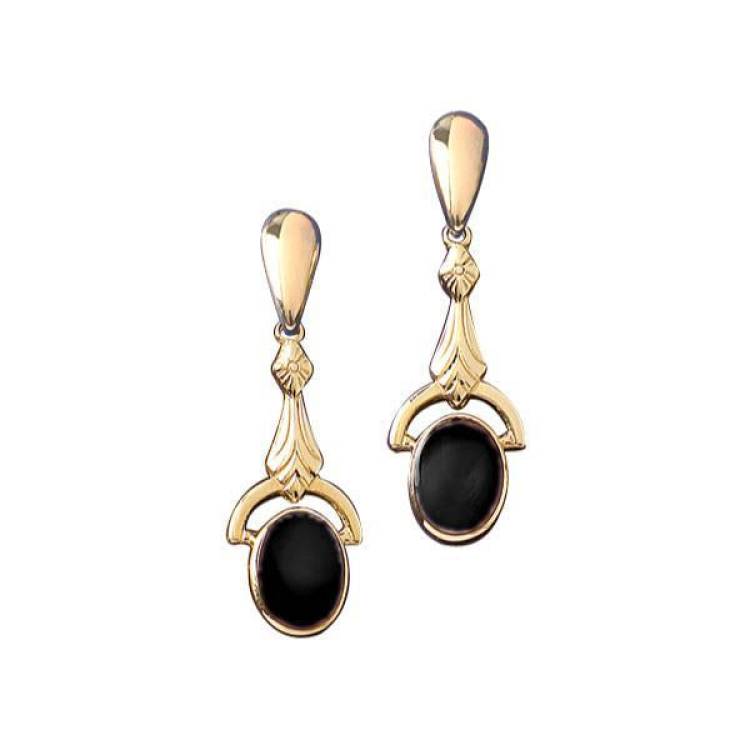9ct Yellow Gold Whitby Jet Oval Art Deco Drop Earrings - Yellow Gold