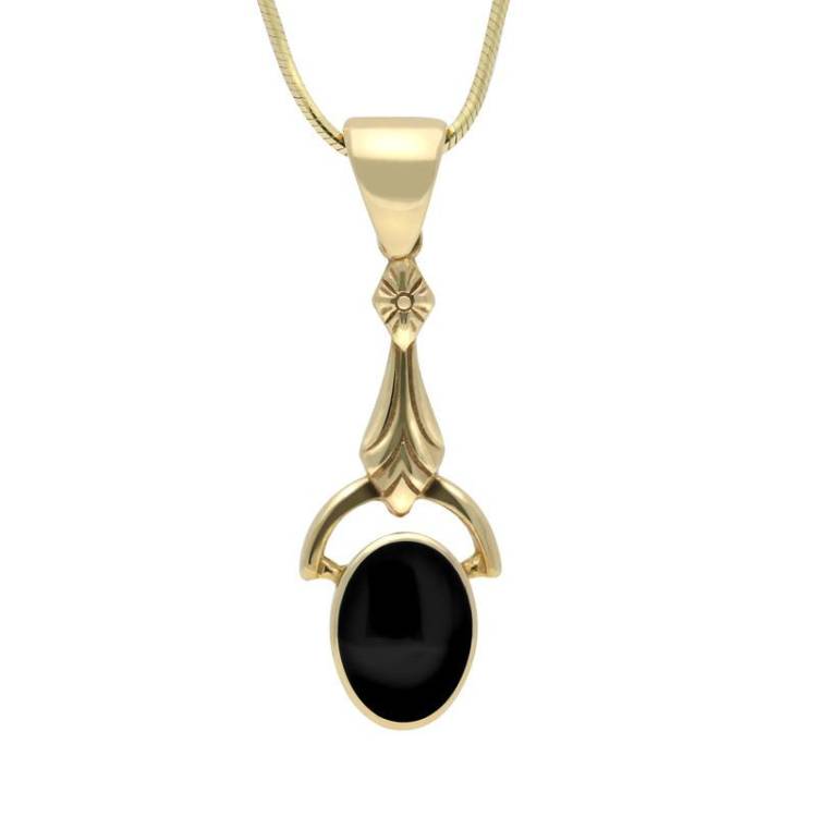 9ct Yellow Gold Whitby Jet Oval Art Deco Drop Necklace - Yellow Gold