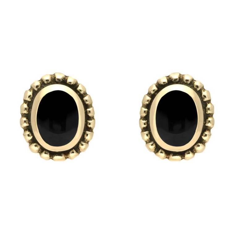 9ct Yellow Gold Whitby Jet Oval Bobble Edge Stud Earrings - Yellow Gold