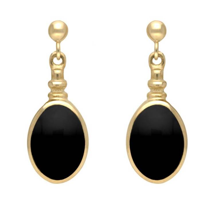 9ct Yellow Gold Whitby Jet Oval Bottletop Drop Earrings - Yellow Gold