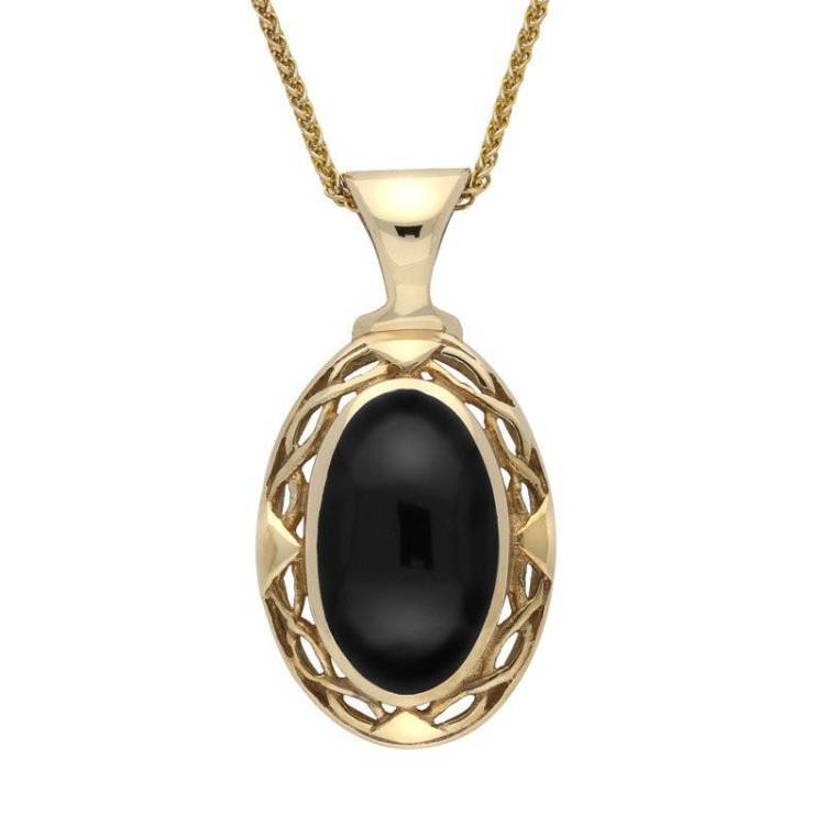 9ct Yellow Gold Whitby Jet Oval Celtic Necklace - Yellow Gold