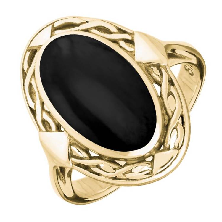 9ct Yellow Gold Whitby Jet Oval Celtic Ring - Yellow Gold