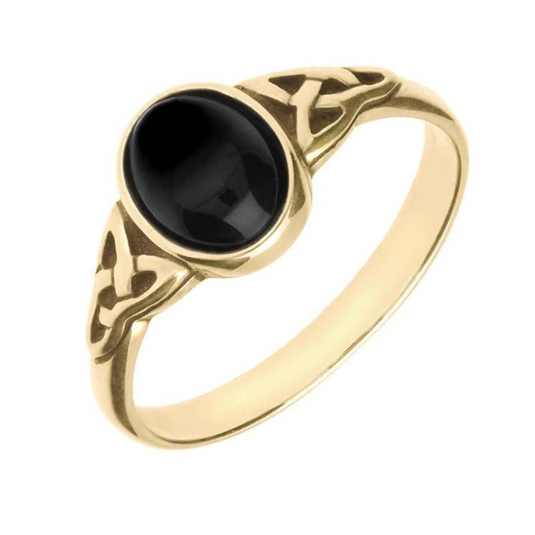 9ct Yellow Gold Whitby Jet Oval Celtic Shoulder Ring - Option1 Value Yellow Gold