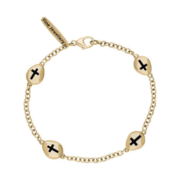 9ct Yellow Gold Whitby Jet Oval Cross Detail Four Stone Bracelet - Yellow Gold