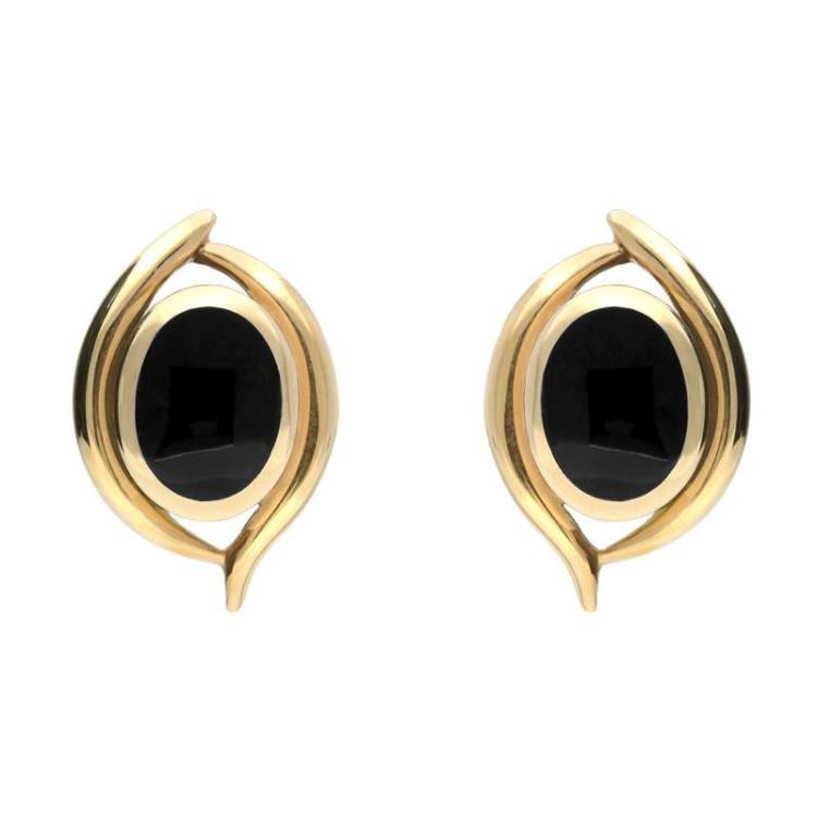 9ct Yellow Gold Whitby Jet Oval Double Fleur Stud Earrings - Yellow Gold