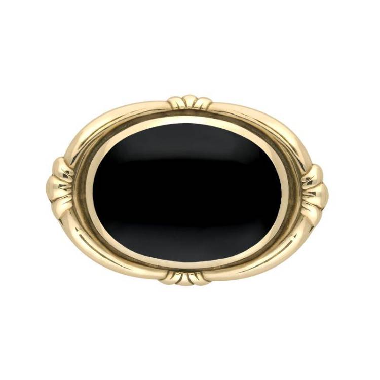 9ct Yellow Gold Whitby Jet Oval Fleur Brooch - Yellow Gold