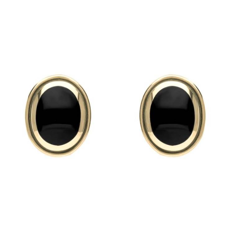 9ct Yellow Gold Whitby Jet Oval Framed Edge Stud Earrings - Yellow Gold