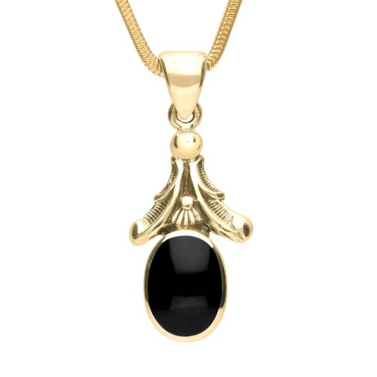 9ct Yellow Gold Whitby Jet Oval Leaf Drop Necklace - Yellow Gold