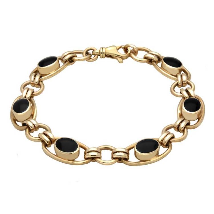 9ct Yellow Gold Whitby Jet Oval Loop Link Bracelet - Yellow Gold
