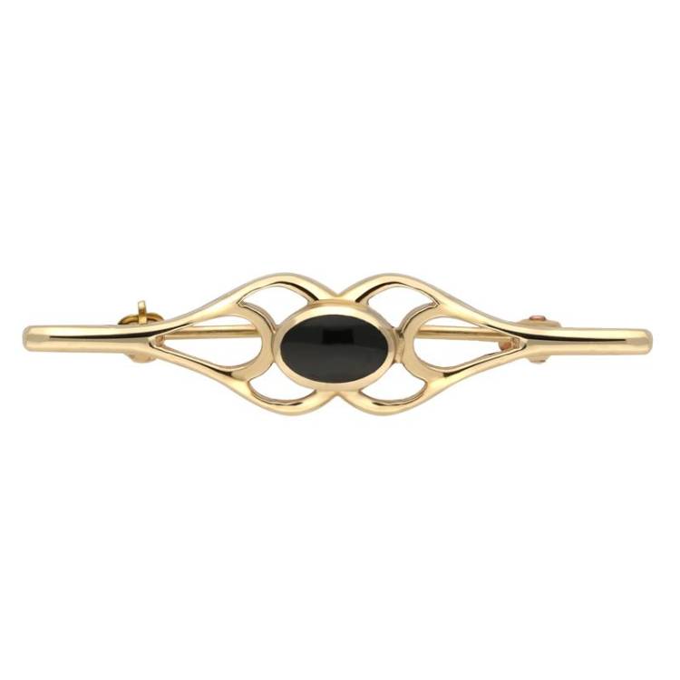 9ct Yellow Gold Whitby Jet Oval Pierced Spoon Brooch - Yellow Gold