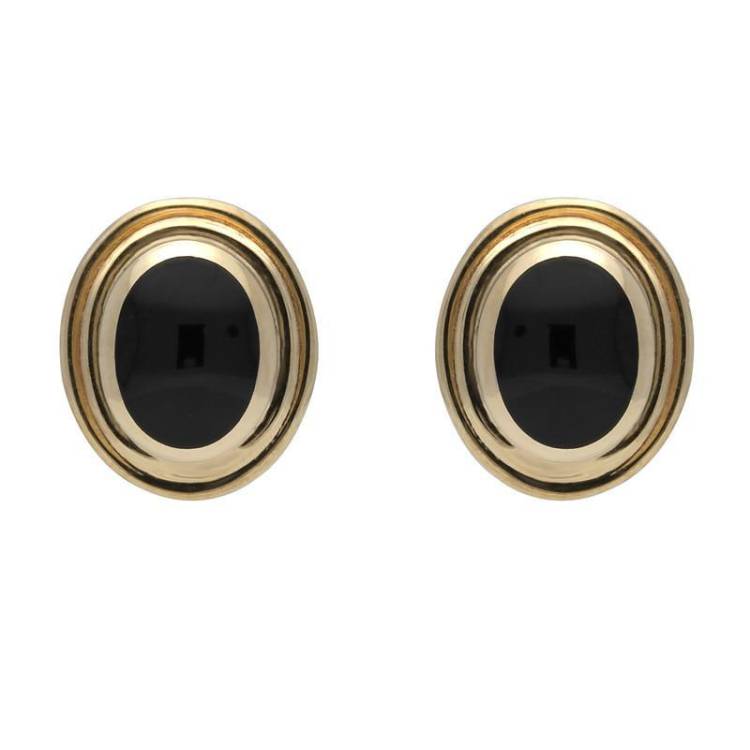 9ct Yellow Gold Whitby Jet Oval Ribbed Edge Stud Earrings - Yellow Gold