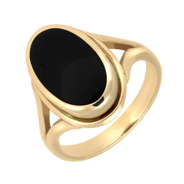 9ct Yellow Gold Whitby Jet Oval Ridged Ring - Yellow Gold