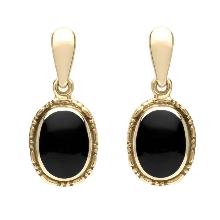 9ct Yellow Gold Whitby Jet Oval Rope Edge Drop Earrings - Yellow Gold