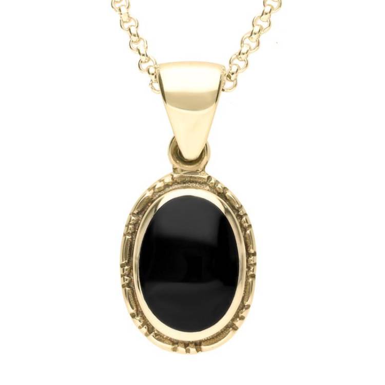 9ct Yellow Gold Whitby Jet Oval Rope Edge Pendant - Yellow Gold