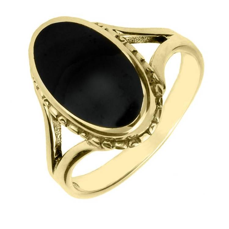 9ct Yellow Gold Whitby Jet Oval Rope Edge Ring - Yellow Gold