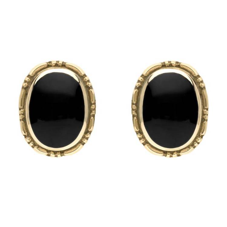 9ct Yellow Gold Whitby Jet Oval Rope Edge Stud Earrings - Yellow Gold