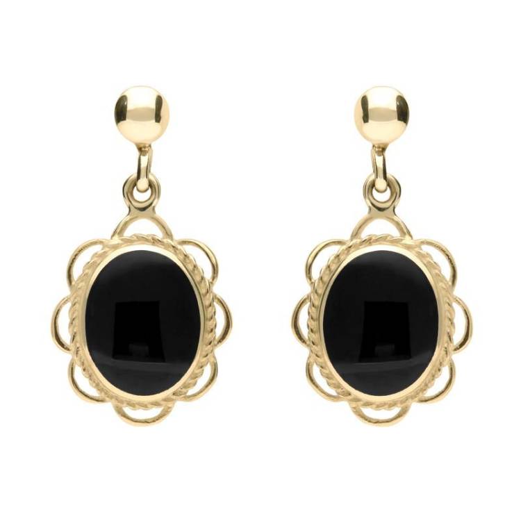 9ct Yellow Gold Whitby Jet Large Oval Rope Frill Drop Earrings - Yellow Gold