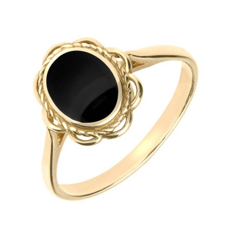 9ct Yellow Gold Whitby Jet Oval Rope Frill Ring - Yellow Gold