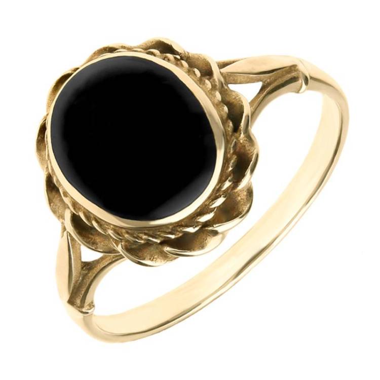 9ct Yellow Gold Whitby Jet Oval Rope Twist Ring - Yellow Gold