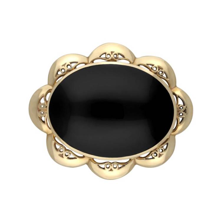 9ct Yellow Gold Whitby Jet Oval Scalloped Edge Brooch - Yellow Gold