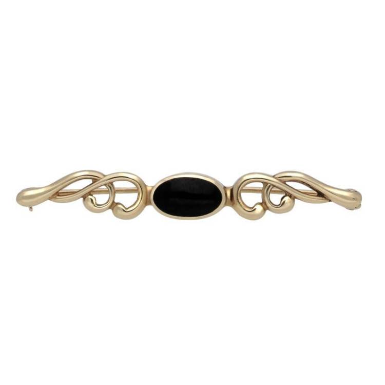 9ct Yellow Gold Whitby Jet Oval Scroll Brooch - Yellow Gold
