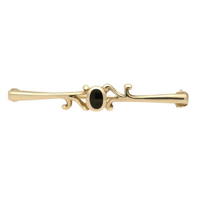 9ct Yellow Gold Whitby Jet Oval Scroll Leaf Brooch - Yellow Gold