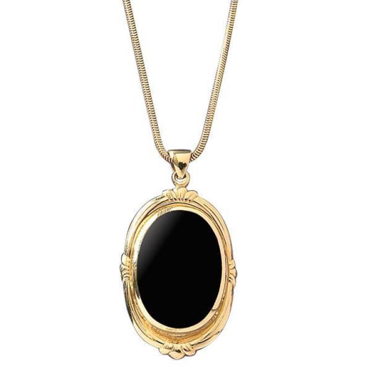 9ct Yellow Gold Whitby Jet Oval Shape Fleur Necklace - Yellow Gold